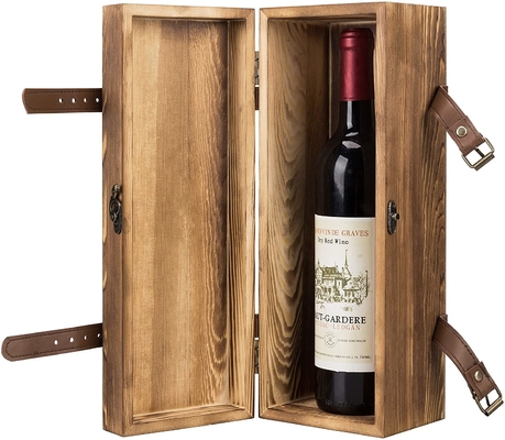 Hölzernes einzelnes Flaschen-Geschenk-hölzerner Wein-Kasten Weinlese-Browns mit Kunstleder-Bügeln