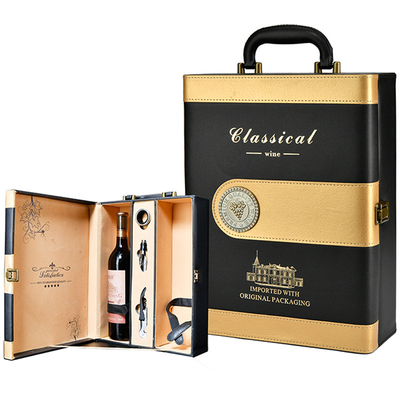 Des freien Raumes schwarze Goldflaschen-Wein-Flaschen-Geschenkbox der Leder-Sublimations-2 mit Zusätzen