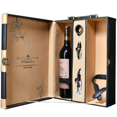 Des freien Raumes schwarze Goldflaschen-Wein-Flaschen-Geschenkbox der Leder-Sublimations-2 mit Zusätzen