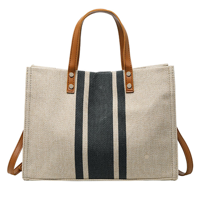 Leerer lederner Griff-kundenspezifisches Leinenbaumwollsegeltuch Tote Bag With Pocket